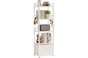 Aibiju Ladder Shelf, Bookshelf, 5 Tier Bookshelf with Drawer, Plant Stand, Living Room Bookcases for Living Room, Bedroom, Kitchen, Steel Frame,White YD-BC001W