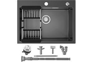 Sofetiy Spüle 60x45 cm Schwarz, Küchenspüle Anthrazit Edelstahl, Moderne Einbauspüle Rechteckig, Edelstahl Spülbecken für Unterschrank ab 60 cm, Spüle, Waschbecken Küche mit Hahnloch