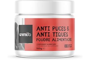 Animigo Poudre Anti Puces et Anti Tiques pour Chat Chien 100g - Saveur Poulet - Source de Vitamines & Minéraux, Repousse Parasites & Insectes, Combat Les Mauvaises Odeurs - Formule Pratique et sûr