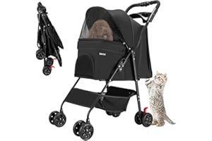 BAKAJI Passeggino per Animali Domestici Carico Massimo 30kg, Carrozzina per Cani e Gatti Pieghevole e Salvaspazio con Cestello Portaoggetti e Ruote Bloccabili, Cappottina Protettiva Anti UV (Nero)