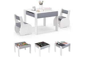 COSTWAY Stolik dziecięcy z 2 krzesłami, 3-częściowy zestaw siedzisk dziecięcych z odwracalnym i zdejmowanym blatem,zestaw siedzisk dziecięcych dla dzieci od 3 lat (jasnoszary)