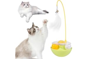 Auktransceler Interaktywna zabawka dla kotów, fluorescencyjna żółta, 3 w 1, samozajęcie z wędką z piór, kocimiętką i podwójnymi kulkami, podstawa kołysająca się o 360°, dla kociąt i dorosłych kotów