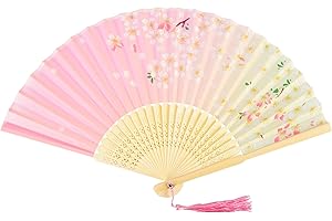 KEYIDO Różowy wachlarz ręczny składany z jedwabnej tkaniny wachlarze ręczne dla kobiet chiński japoński ręczny wachlarz ręczne wachlarze z frędzlami do dekoracji ściennej taniec weselny cosplay