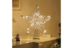 Kssiaz Estrella para Copa del Árbol de Navidad 28CM, Adorno para Copa del Árbol de Navidad a Pilas con Cuentas, Topper de Árbol de Navidad con Temporizador Decoración del Navidad, Plata