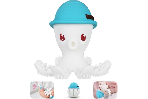 Mombella jouet de dentition à mâcher pieuvre pour bébés de 6 mois et plus, Pour 6-18 mois, en silicone souple pour les bébés de 9 mois, Cadeau pour nouveau-né, sans BPA, bleu
