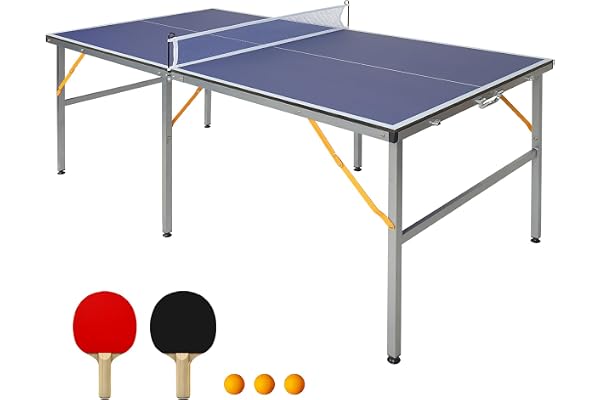Gymflex Bordtennisbord, vikbart och bärbart, mellanstorlek ping pong-bord med nät i set, för spel inomhus och utomhus, 2 bordtennisracket och 3 bollar, 182 x 91 cm