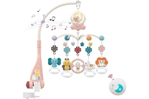 Eners Mobile per culla musicale per bambini con luci notturne e rotazione, sonagli, telecomando, giocattoli comodi per neonati e bambine