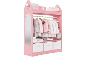 Hironpal Kid Dress Up Storage with Mirror Kids Wardrobe Dressing Up Rail Open Hanging Costume Armoire Closet Pretend Storage Organizer Children Clothes Center for Girl Bedroom(rocket,3 drawer,pink)