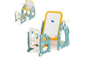 RELAX4LIFE 4 En 1 Mesa de Actividades para Niños con Silla, Caballete para Niños Regulable en Altura con Espacio de Almacenamiento, Pizarra, Telescopio y Juego de Anillos para 1-8 Años