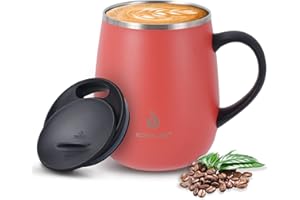 Ideus Coffee Mug 470ml (16oz), Double Wall Vacuum Insulated Stainless Steel Coffee & Tea Cup w/Non-Slip Handle & Slider Module Lid & Large Volume (Jellyfish Red)