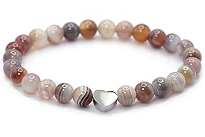 LAKADA Bracelet en agate du botswana véritable pierre précieuse avec perles rondes de 6mm et cœur en acier inoxydable - différentes longueurs - bracelet en pierres précieuses porte-bonheur talisman cadeau