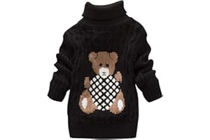 De feuilles Pull à Grosses Torsades Col Roulé Bébé Fille en Tricot Manches Longues Haut Chandail Motif Imprimé Ours