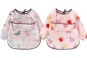 ATOPO 2 Pacchi Bambini Bavaglino a Manica Lunga Impermeabile Bavaglino con il Cibo Catcher Tasca Lavabile Grembiule di Cotone per 6-36 mesi Bambini che mangiano Pittura e giocando