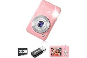 HOFAOUG Digital Camera, 1080P HD Compact Portable Vlogging Camera with 32GB Memory Card, Long Battery Life Digital Cameras, for Children Boys Girls(Light Red)