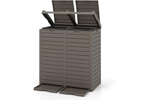 COSTWAY Mülleimer mit Doppeldeckel, 235 L, Mülltonne Outdoor, Abfalltonne mit ausziehbarer Auffangschale & Griff, wasserdichter Müllbehälter, Abfalleimer für Garten Hinterhof Terrasse (Braun)