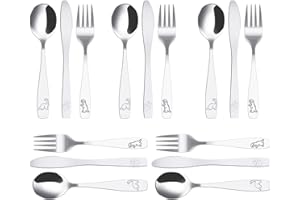 GATPHY 15Pcs Couverts Enfant Inox 5 x Fourchette 5 x Cuillère 5 x Couteau Dentelé Sûr Couverts Enfant Jungle Dinosaure Gravé Couvert Inox pour Maison Restaurant École Garderie