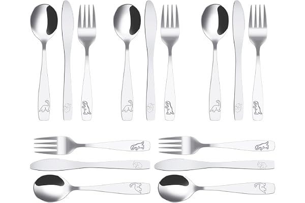 15 st barnbestick i rostfritt stål 5 x gaffel 5 x sked 5 x säker tandad kniv barn, djungel, dinosaurie graverad täckt i rostfritt stål för hem, restaurang, skola, daghem