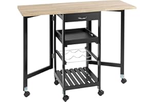 Maximex Wózek rozkładany – wielofunkcyjny wózek kuchenny z powierzchnią roboczą, szufladami i półką na wino, MDF, 97 x 77 x 37 cm, czarny