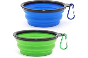 Voarge 2 ciotole pieghevoli per cani, in silicone portatile a prova di perdite, con gancio, cani e animali domestici, per acqua e cibo, 350 ml, blu e verde