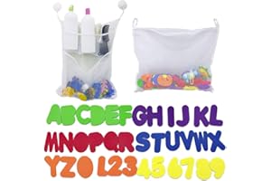 JUNXAVE 2 x Mesh Baby Bath Toys Storage+6 Ultra Strong Hooks+36 Bath Foam Letters and Numbers. Foam Baby Bathtub Letters Number for Toddlers, Baby, Kids. Organizer Net Bag for Baby Bath Toys, Shampoo & Soap
