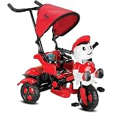 BabyHope 125 Yupi Panda Ebeveyn Kontroll&uuml; Kırmızı Beyaz Tenteli M&uuml;zikli Tricycle &Uuml;&ccedil; Teker Bisiklet kırmızı siyah
