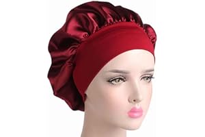 LINAERSHAO 1 Piezas Gorro Saten Pelo Rizado de Banda Ancha Elástica Cubierta de Cabeza,Gorro de Satén para Dormir Ajustable Gorro de Satén de Noche Pelo Rizado Gorro,Ajustable Doble Capa Gorro para Dormir-Rojo
