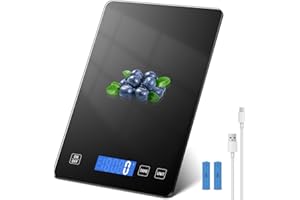 QEANY 15kg Küchenwaage, Wiederaufladbare Digitale Küchenwaage, Glas Essenswaage mit LCD Display, Tara-Funktion, 5 Maßeinheiten, Batterien Inklusive