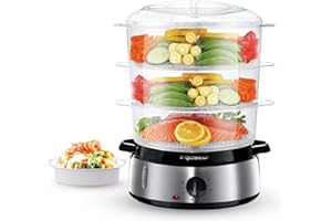 Aigostar Fitfoodie Steel - Vaporera eléctrica 800W, 3 recipientes Independientes (Capacidad Total 9l), Cuenco para Preparar a