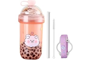 Kaishengyuan Bicchiere di Plastica per tè Boba, Tazza Bubble Riutilizzabile, Tazza a Bolle con Cannuccia e Coperchio, 680 ml Tazza da Viaggio per Bolla, Shakes (Rosa)