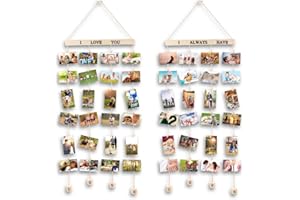 MOVEONSTEP Set of 2 Hanging Photo Display with 40 Clips Photo Display Board for Hanging Prints, DIY Wood Picture Frames Collage for Home Decoration (2 Sheets Alphabet & Number Stickers)