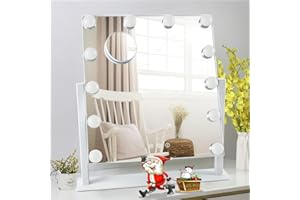 Depuley Lustro z oświetleniem, Hollywood lustro do makijażu z 3 kolorami światła, obracane o 360°, 12 ściemnianych świateł LED, białe lusterko kosmetyczne z oświetleniem do makijażu, golenia, toaletki, łazienki