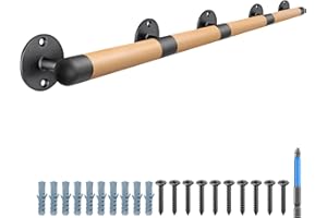 SELEWARE Main courante en bois de 170 cm pour escalier d'intérieur - Main courante avec barquettes en métal robuste - Barre d'appui d'escalier sans barrière pour personnes âgées - Rond de 3,3 cm