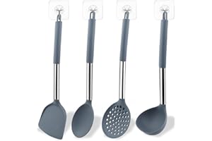JNZLT Lot de 4 ustensiles de cuisine en silicone pour mélanger et servir (cuillère à soupe, passoire, pelle chinoise, cuillère large) avec 4 crochets