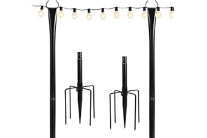 RAINMAE String Lights Poles 2 Pack 2.7M für außen hängenden Stahl String Pole mit Gabel Lichterketten Halterung Outdoor mit 2 in 1 Spiral Screw-in String Light Poles für Hinterhof Patio Party Hochzeit