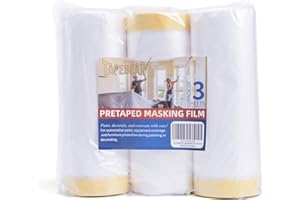 TAPEBEAR Pre-Taped Masking Film, Tape and Drape, Plastic Sheeting Roll, Automotive Painters Masking Tape Film, Plastic Sheeting Cover for Appliance and Furniture, 1400mm X 30yard, 3Rolls