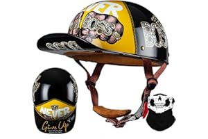 RQTEUYE Vintage Baseball Cap Half Shell Motorcycle Helmet, Extended Retro Brim Helmet With ECE Certification, Men Women Open Face Motorbike Helmet for Cruiser Chopper Scooter M-XXL