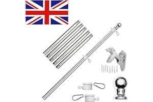 GENERIC Flag Pole Kit 6FT/1.8m–Wall Mounted Flagpole Set with Stainless Steel Bracket & Screws, Adjustable Flag Poles for House, Garden, Yard & Outdoor Fence–Includes Union Jack 5x3FT (Silver)