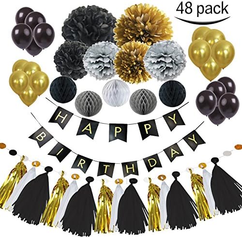 MG MULGORE Paper Pom Poms with Tissue Paper Tassel 48pcs Birthday Party Decorations Colorful Honeycomb Balls Happy Birthday Banner Hanging Swirl Decorations Party Balloons for birthday, wedding, main decorations, party decorations(black and gold)