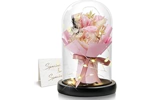 DINGHENG Eternal Rose in Glass with LED, Pink Rose Bouquet, Gift for Women, Decoration for Home, Durable Real Flowers for Girlfriend, Christmas, Valentine's Day, Mother's Day, Birthday