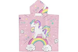 Satiskid Kids Hooded Towel Poncho 65x75cm Children Beach Towel Poncho with Hood Boys Girls Bath Towel Bathrobe Hooded Swimming Towels Kids Pool Beach Changing Robe (Pink Unicorn)