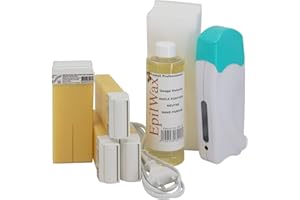 Epilwax Kit Depilación Calentador de Cera Roll On Tibia : con 12 roll-on Cera Vainilla de 100 ml, 100 Bandas Depilatorias y una botella de 250 ml de aceite post- Depilacion (Solo 4 Vainilla)