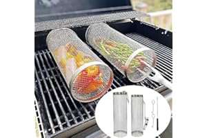 VRINO 2PCS Rolling Grilling Basket, Stainless Steel BBQ Grill Basket Round Wire Mesh Cylinder BBQ Grill Basket, Outdoor Camping Cooking BBQ Accessories for Vegetables French Fries Fish