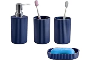 Novel Solutions Premium 4-Piece Bathroom Accessories Set – Matt Grey Rubber-Coated Soap Dispenser, Soap Dish, 2 Tumbler Cups & Toothbrush Holder – Modern Vanity Organiser Kit (Blue Finish)