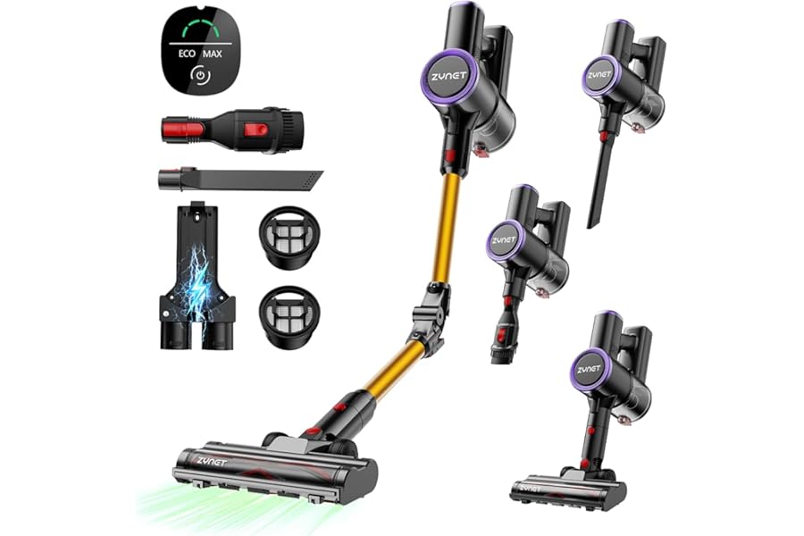 Zynet S9 Wireless Vacuum Cleaner, 45000Pa/500W/45Min Wireless Electric Broom with Folding Tube and Wall Mount, Brushless Motor for Pet Hair, Carpets and Hard Floors