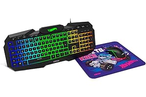 KROM Kit tastiera, mouse e tappetino per mouse Hot Wheels KUSTOM - Tastiera membrana RGB, mouse ottico 7200 DPI, tappetino in tessuto morbido e resistente, layout italiano, nero