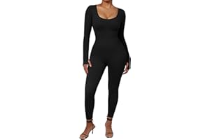 DOULAFASS Nahtloser Gerippter Langarm Jumpsuit Damen Eng Square Neck Bauch Weg Full Body Einteiler Yoga Sport Body Romper