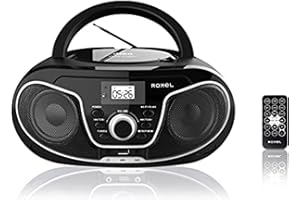 Roxel RCD-S70BT Boombox portatile lettore CD con telecomando, radio FM, riproduzione MP3 USB, ingresso AUX da 3,5 mm, jack per cuffie, display a LED, streaming musicale wireless (nero)