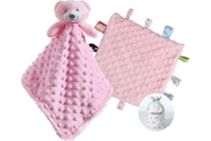 CREVENT Miękkie, pluszowy kocyk bezpieczeństwa z twarzą zwierzątka, dla chłopców i dziewczynek, świetny prezent na urodziny, na baby shower (różowy miś + metki)