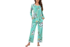 Bestbee Women's Pyjamas Set, 2 Piece Pleated Nightwear Set Long Sleeve Long Pant With Pockets Ladies Pjs Set