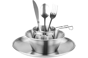 Camping Besteck Set, ISFORU Edelstahl Geschirr Messetui inklusive Teller, Tasse, Schüssel, Besteck mit Netzbeutel, Geschirr-Utensilien-Set für Outdoor-Camping, Wandern und Picknick